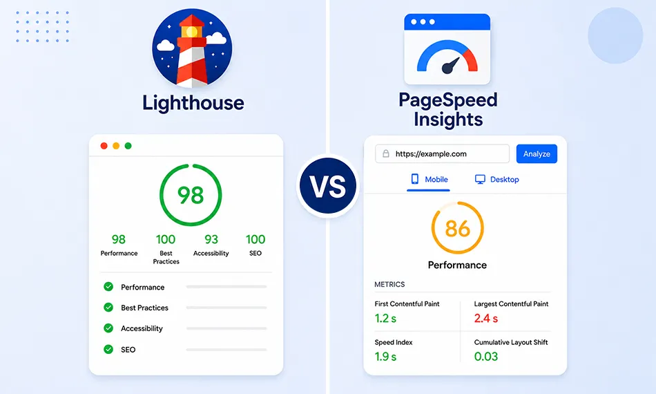 Comparison of Lighthouse and PageSpeed Insights performance results